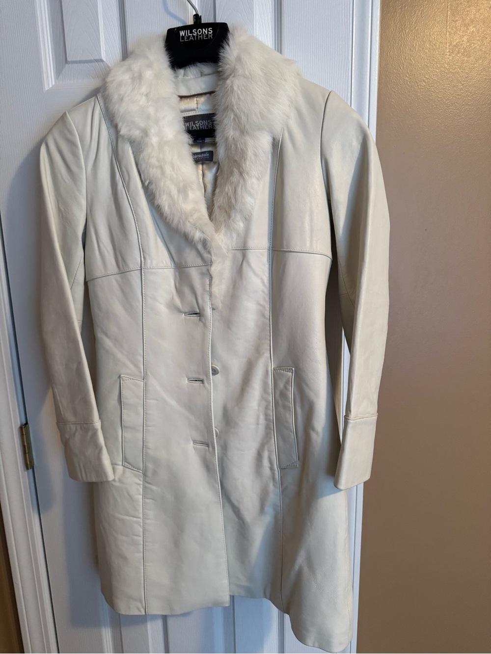 Wilsons Leather Cream Leather Trench with White Faux Fur Collar